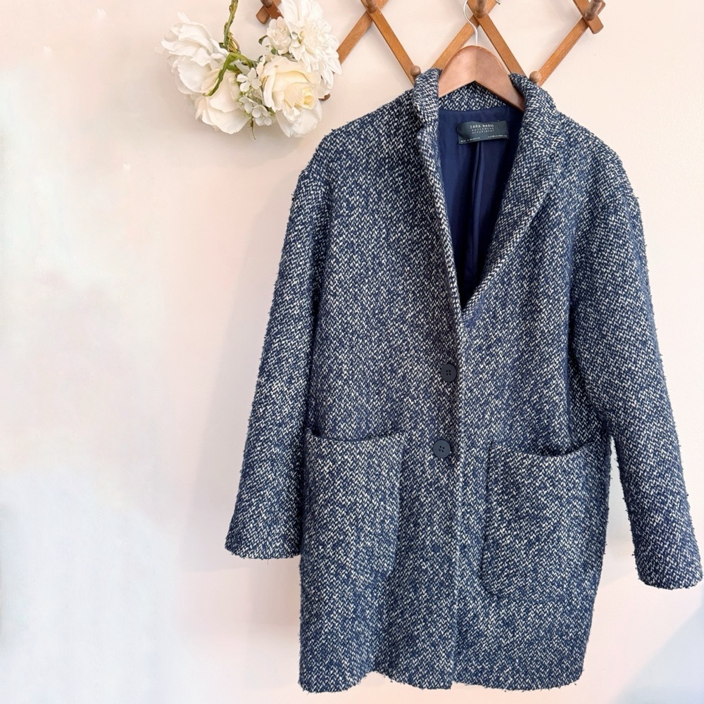 Zara // blue, white tweed oversized jacket coat size medium